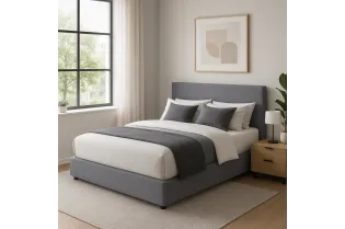 Lit Coffre QINA 2 personnes – 160 x 200 cm – Tissu gris effet lin