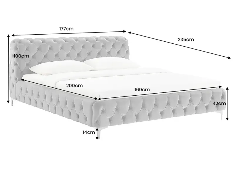 Lit MODERN BAROCK 160 x 200 cm – Velours gris style Chesterfield baroque