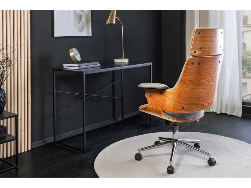 Chaise de bureau Manhattan – Tissu texturé gris & bois de noyer