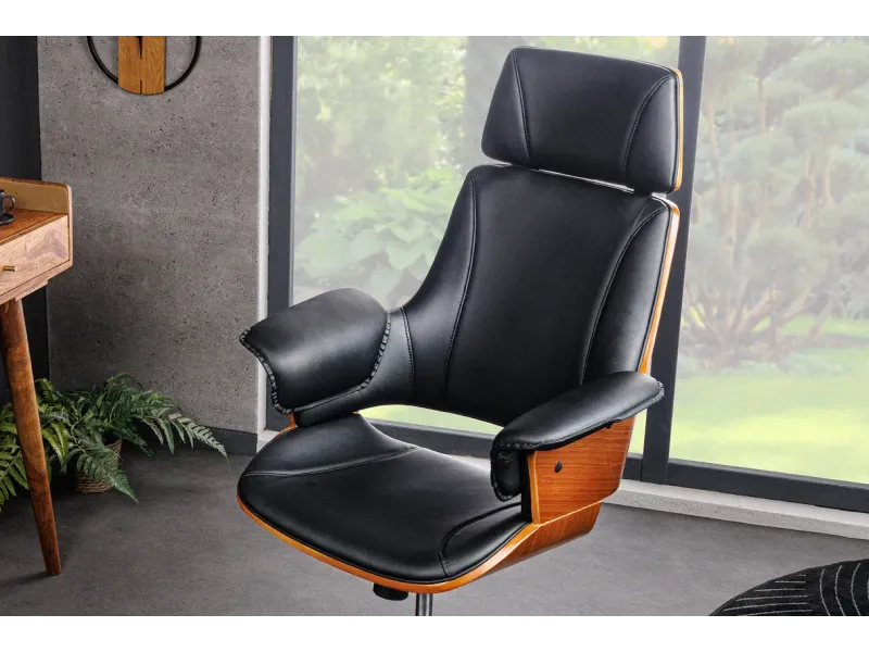 Chaise de bureau Manhattan – Similicuir noir & bois de noyer