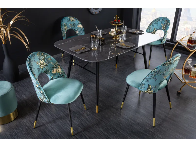 Chaise de salle à manger en velours turquoise – design moderne pieds métal noir