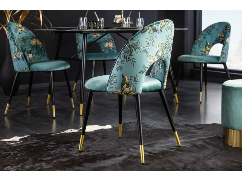 Chaise de salle à manger en velours turquoise – design moderne pieds métal noir