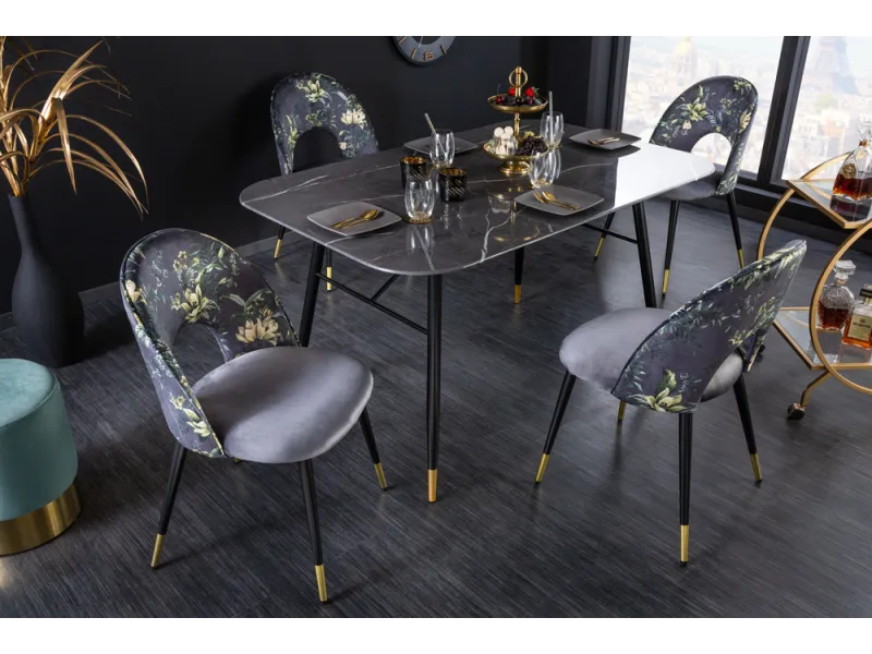 Chaise de salle à manger en velours gris – design moderne pieds métal noir