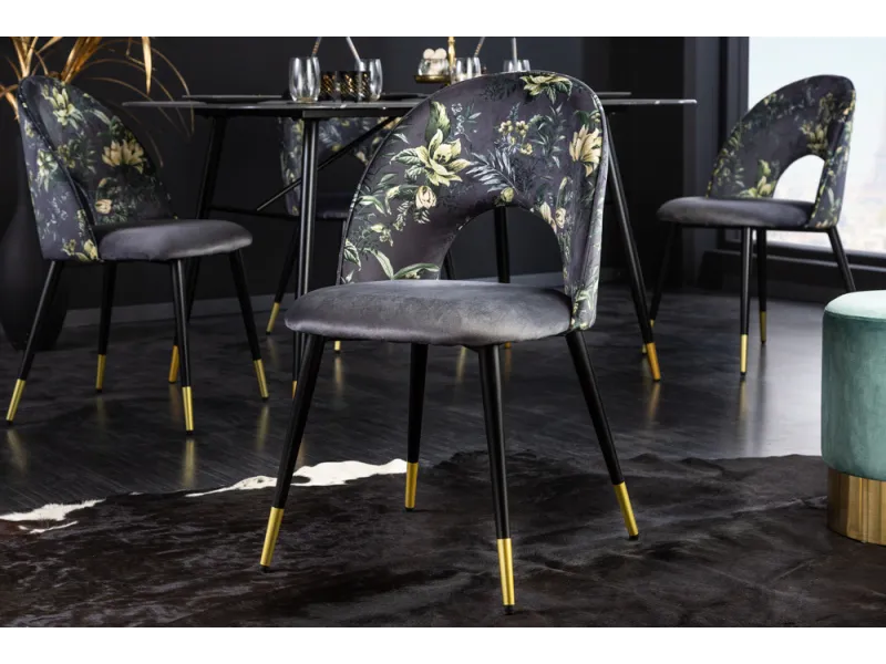Chaise de salle à manger en velours gris – design moderne pieds métal noir