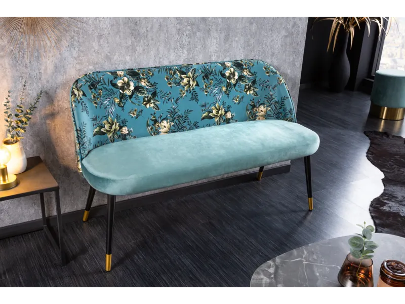 Banc Velours Fleuri Doré 130cm - Collection Helga | Bellozia