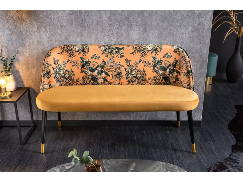 Banc Velours Fleuri Doré 130cm - Collection Helga | Bellozia
