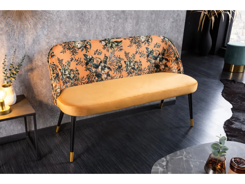 Banc Velours Fleuri Doré 130cm - Collection Helga | Bellozia