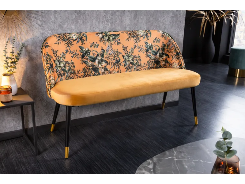 Banc Velours Fleuri Doré 130cm - Collection Helga | Bellozia