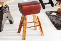Tabouret design en bois massif et cuir marron