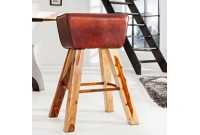 Tabouret design en bois massif et cuir marron