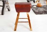 Tabouret design en bois massif et cuir marron