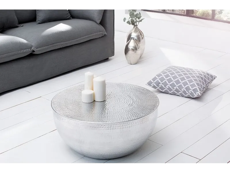 Table basse design ronde de 70cm coloris argenté en aluminium