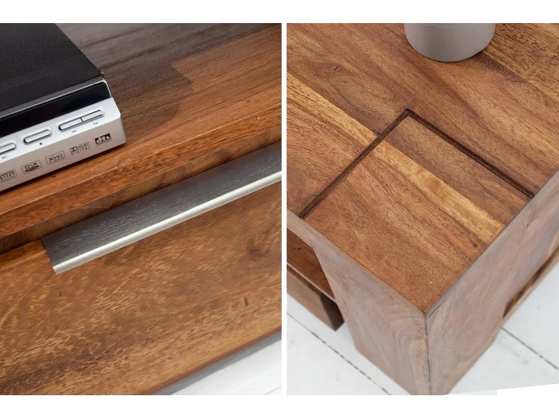 Meuble tv moderne de 135cm en bois massif coloris naturel à 2 tiroirs et une niche