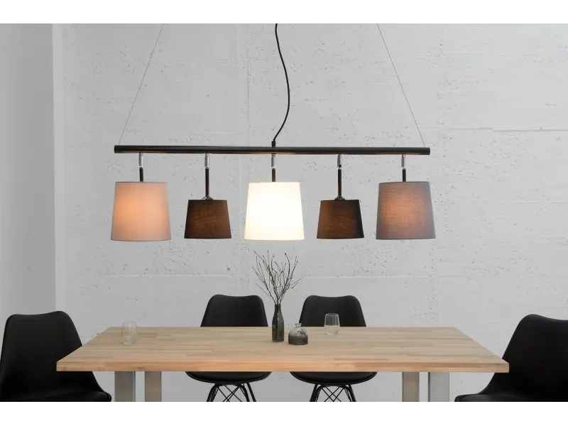 Suspension moderne à 5 lampes de couleur noire, blanche et gris en lin et métal