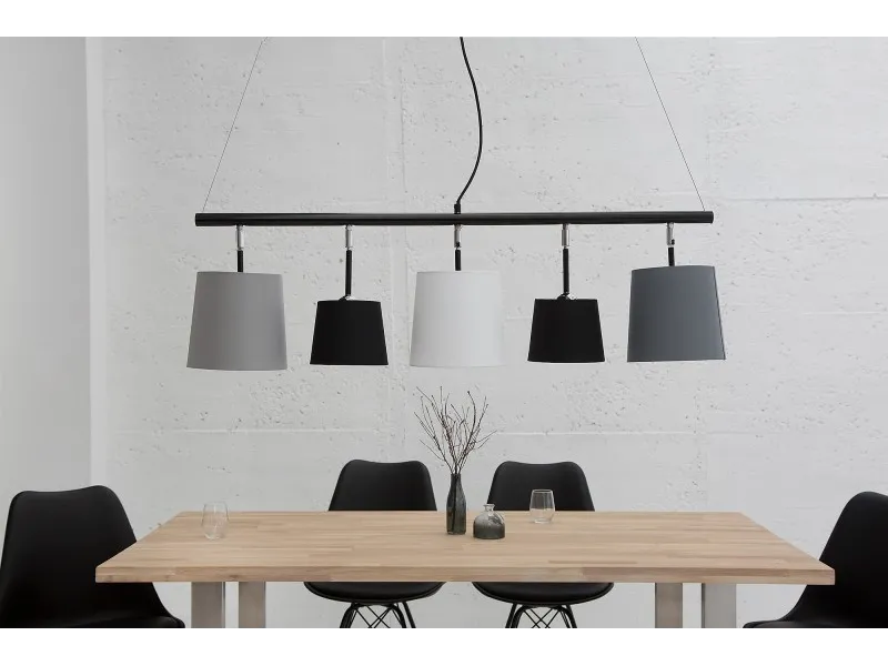 Suspension moderne à 5 lampes de couleur noire, blanche et gris en lin et métal