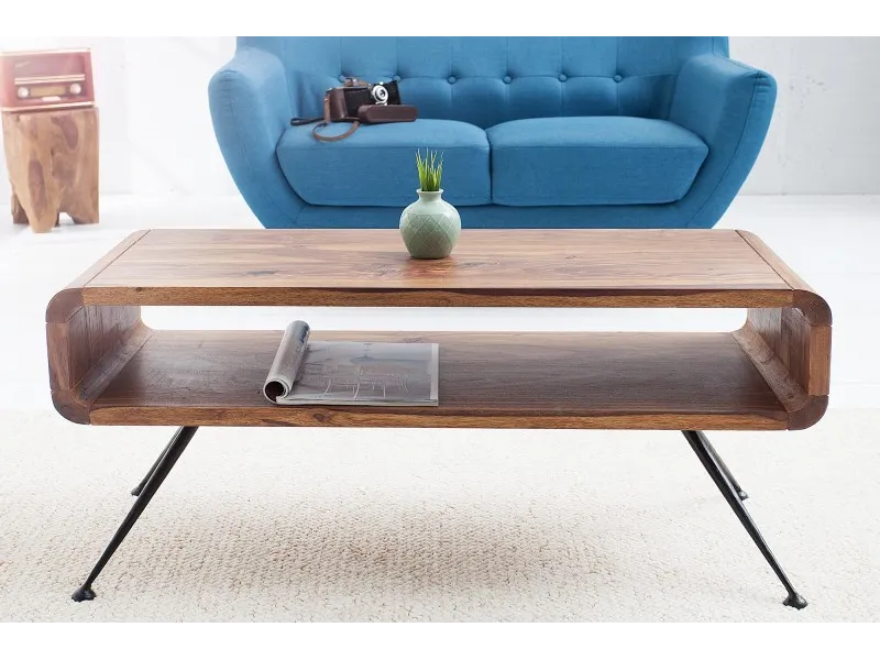 Table basse design rétro de 100cm coloris naturel en bois massif avec une niche