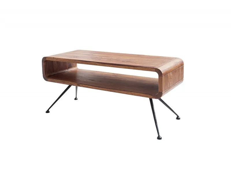 Table basse design rétro de 100cm coloris naturel en bois massif avec une niche