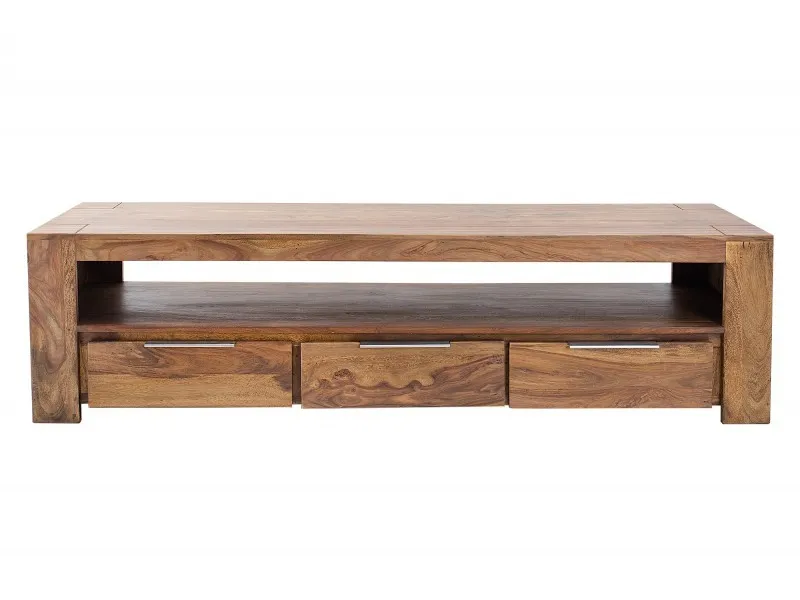 Meuble tv moderne de couleur naturelle en bois massif à 3 tiroirs et une niche