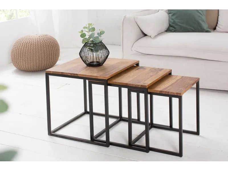 Lot de 3 tables à manger moderne en bois massif et métal coloris naturel et noir