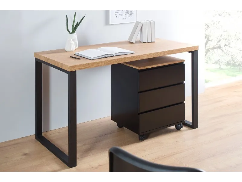 Caisson à roulettes moderne coloris noir et chêne à 3 tiroirs