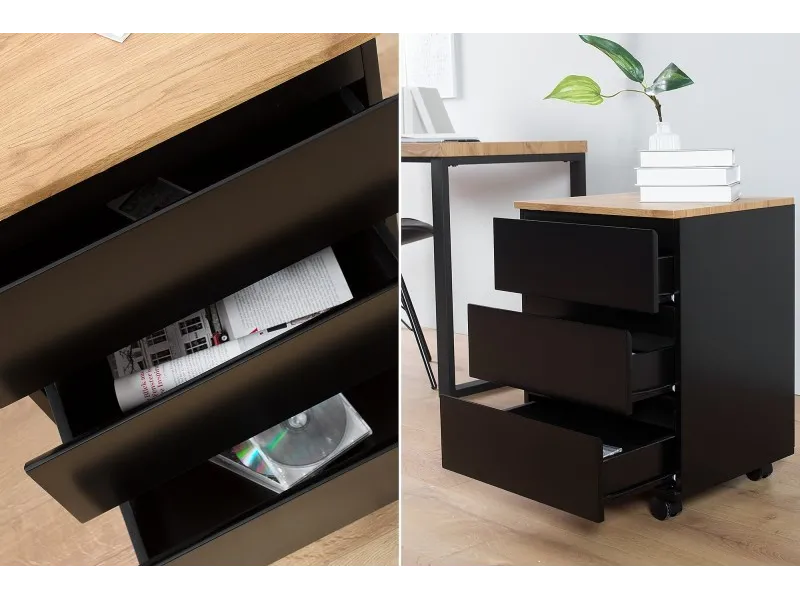 Caisson à roulettes moderne coloris noir et chêne à 3 tiroirs