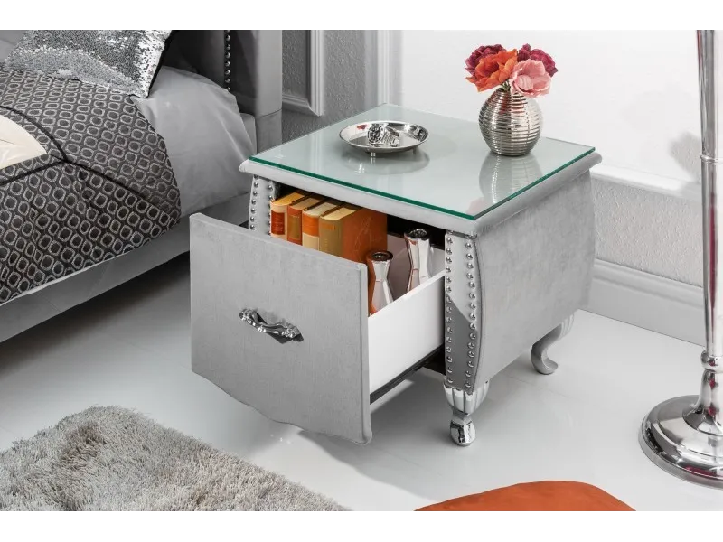 Table de chevet design baroque 47cm avec tiroir gris clair