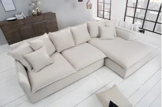 Grand canapé d'angle 255cm en lin naturel style campagnard