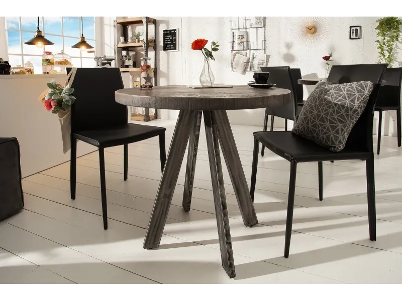 Table à manger 80cm haute de style industriel coloris gris en bois massif et métal