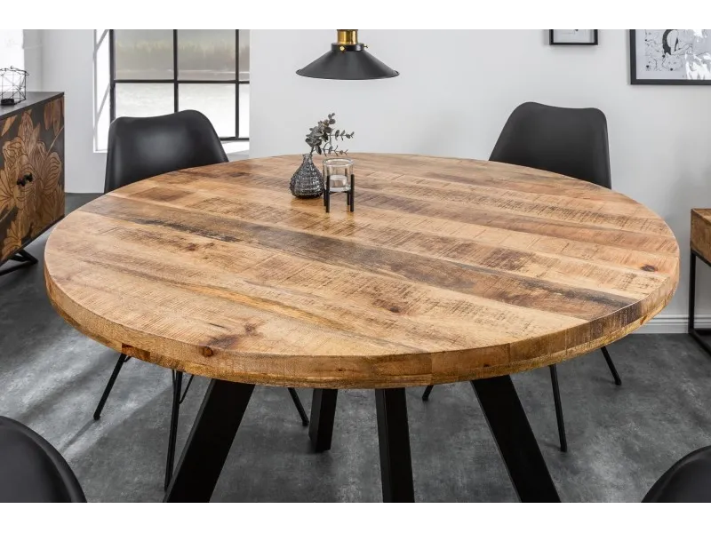 Table à manger design rond de 120 cm coloris naturel et noir en bois massif et métal