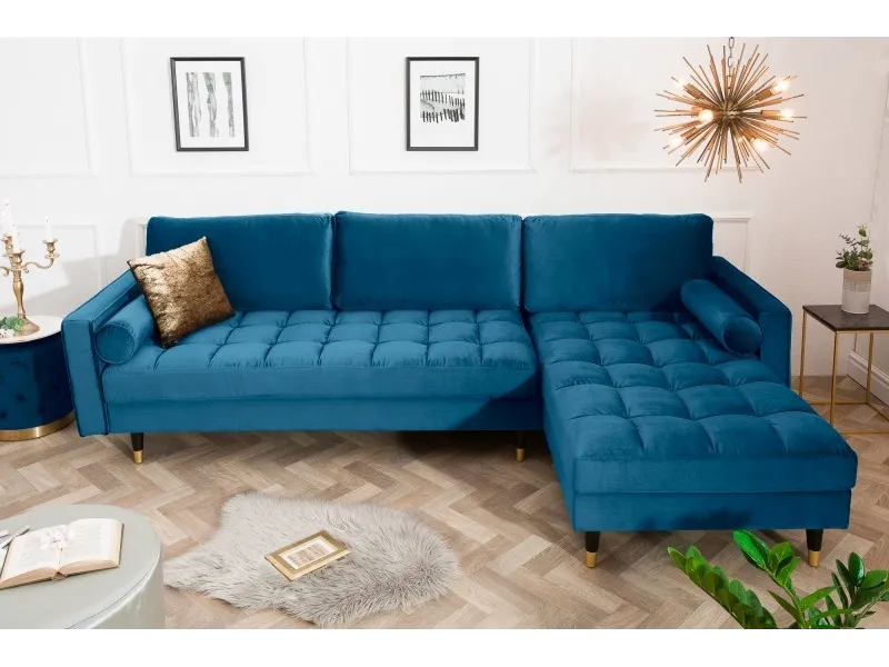 Canapé d'angle en velours coloris bleu 260cm (MONTABLE À GAUCHE + À DROITE)