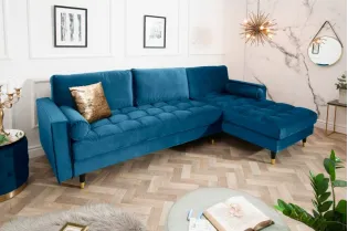 Canapé d'angle en velours coloris bleu 260cm (MONTABLE À GAUCHE + À DROITE)
