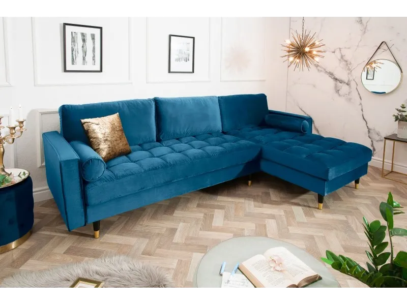 Canapé d'angle en velours coloris bleu 260cm (MONTABLE À GAUCHE + À DROITE)