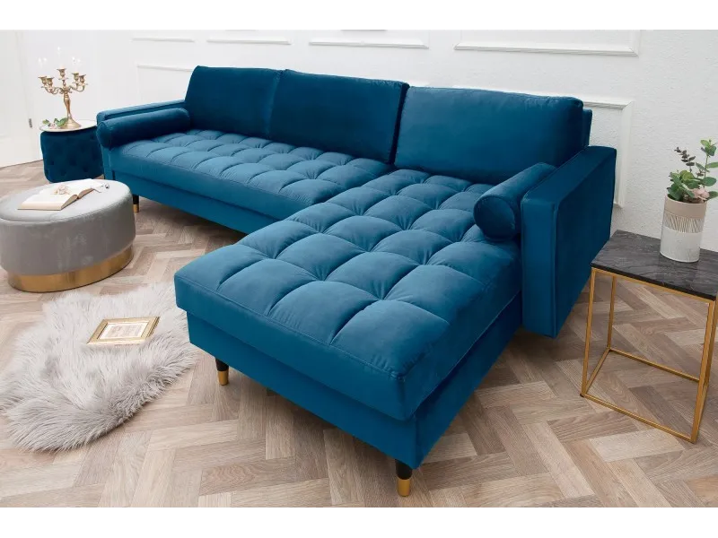 Canapé d'angle en velours coloris bleu 260cm (MONTABLE À GAUCHE + À DROITE)