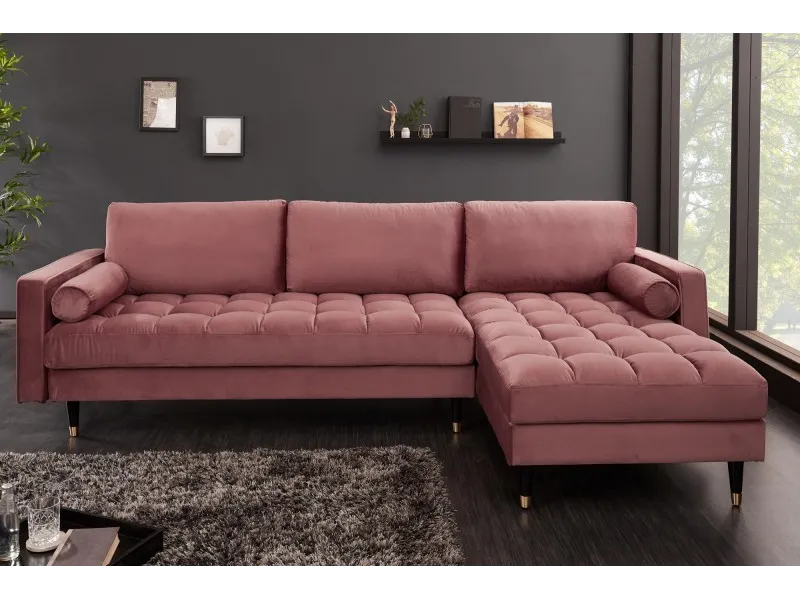 Canapé d'angle en velours coloris rose pastel 260cm (Montable à gauche + à droite)