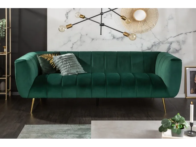 Canapé Rétro Noblesse 3 places 225cm en Velours Vert Émeraude avec Pieds Dorés