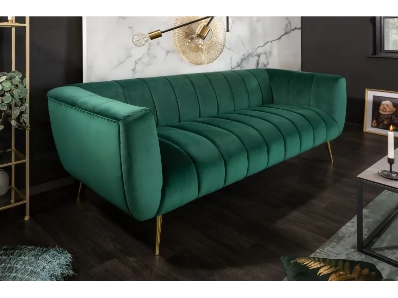 Canapé Rétro Noblesse 3 places 225cm en Velours Vert Émeraude avec Pieds Dorés