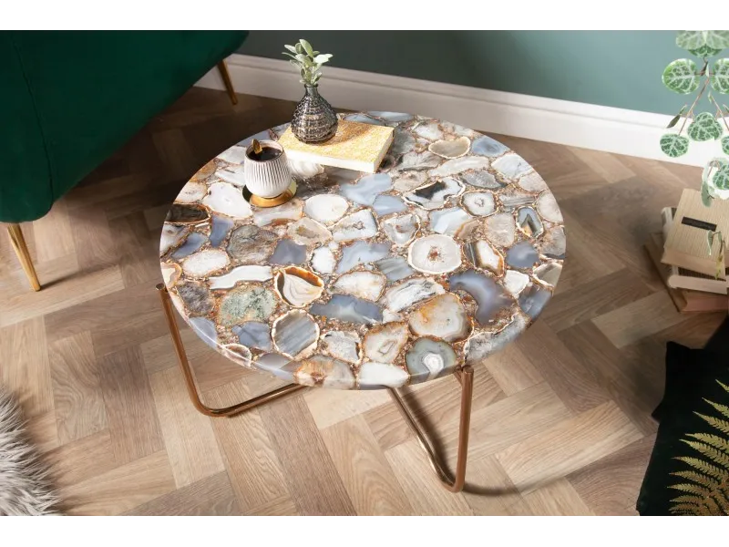 Table basse design ronde en agate multi-couleur avec piétement pliable en métal