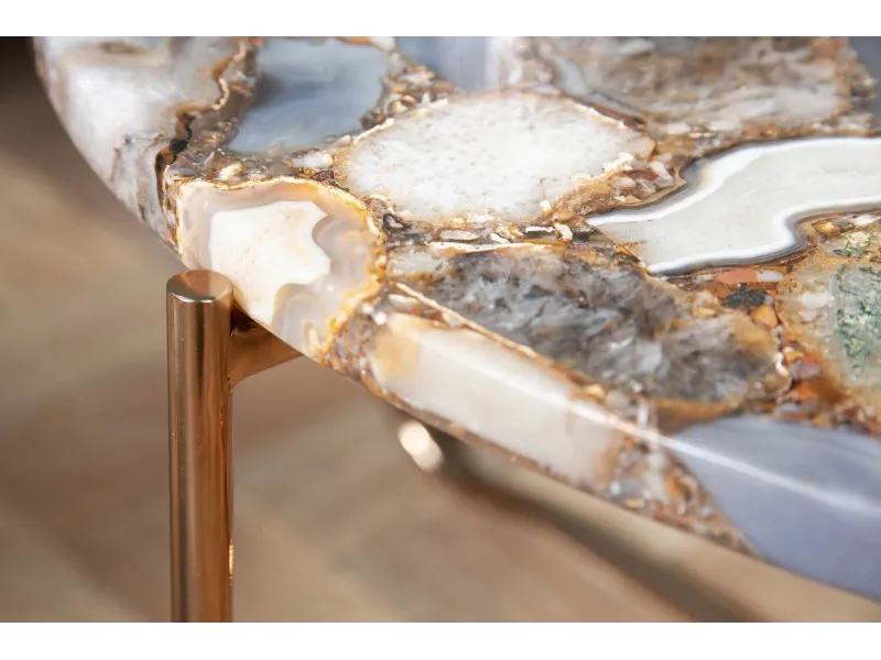 Table basse design ronde en agate multi-couleur avec piétement pliable en métal