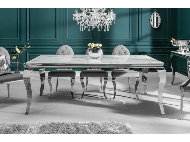 Table design BAROQUE 180cm en acier inoxydable et marbre argenté
