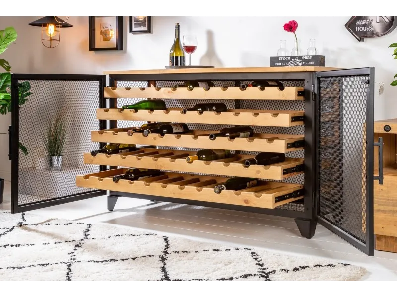 Etagère basse à vin basse en bois de pin design industriel coloris naturel 127cm