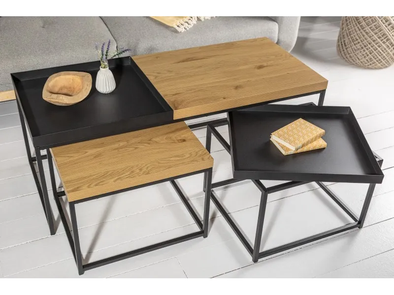 Set de 3 Tables Basses Gigognes en Chêne & Métal Noir