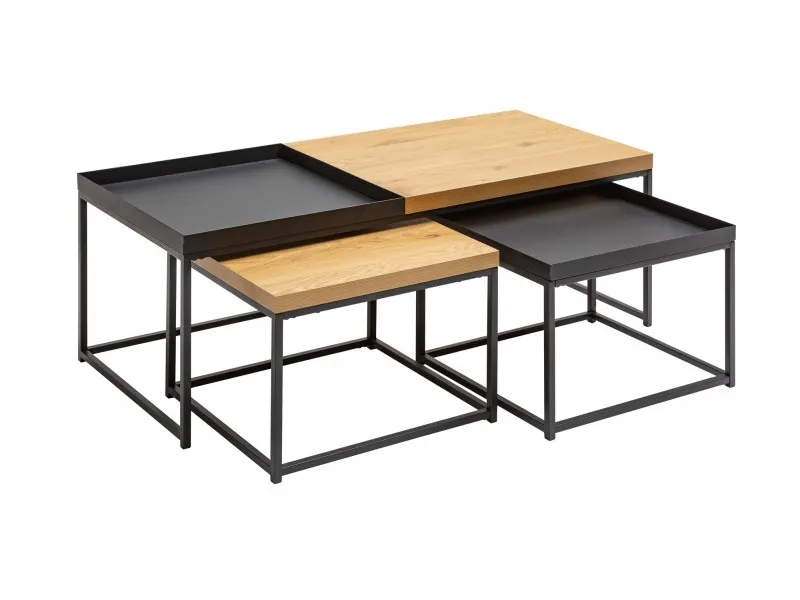 Set de 3 Tables Basses Gigognes en Chêne & Métal Noir