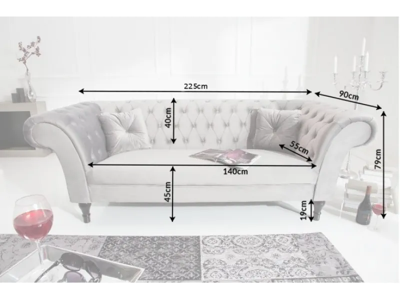 Canapé moderne capitonné de couleur gris argenté en velours avec pieds en bois massif