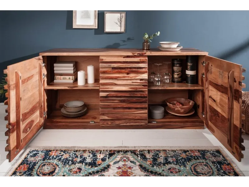 Bahut design coloris naturel en bois massif à 3 tiroirs et 2 portes