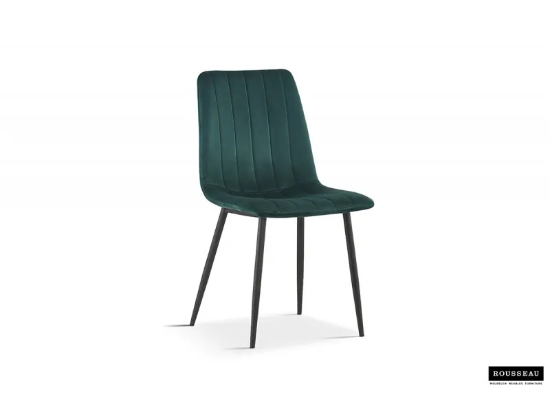 Chaise design en velours coloris vert, pieds noirs