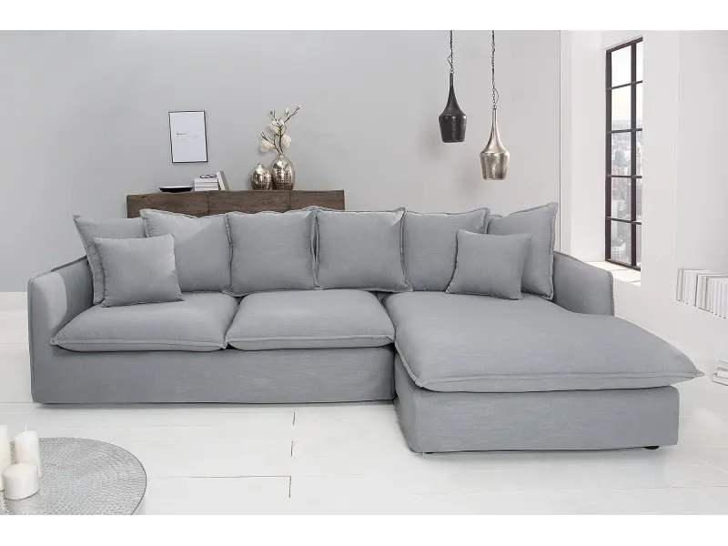 Grand canapé d'angle 255cm en lin gris style campagnard