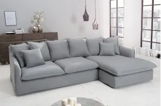 Grand canapé d'angle 255cm en lin gris style campagnard