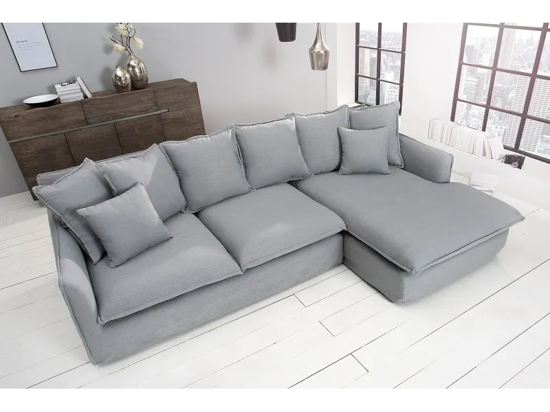 Grand canapé d'angle 255cm en lin gris style campagnard