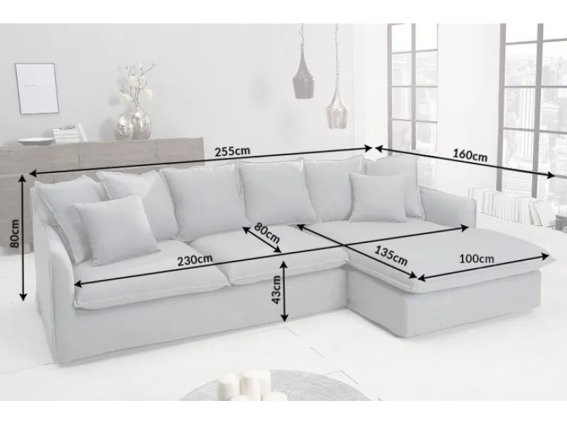 Grand canapé d'angle 255cm en lin gris style campagnard