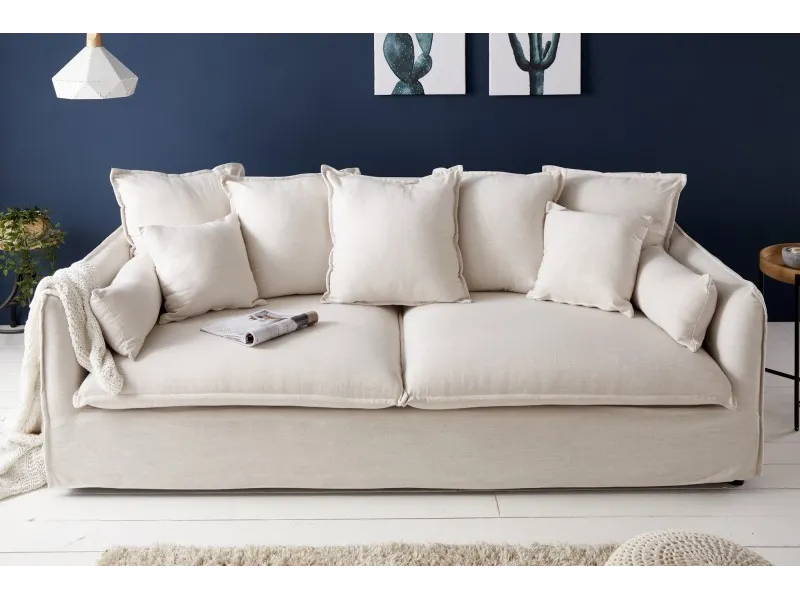 Grand canapé 3 places 215cm housse amovible en lin naturel